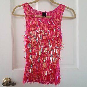 Pink Iridescent Crochet Knit Spangled Tank Top